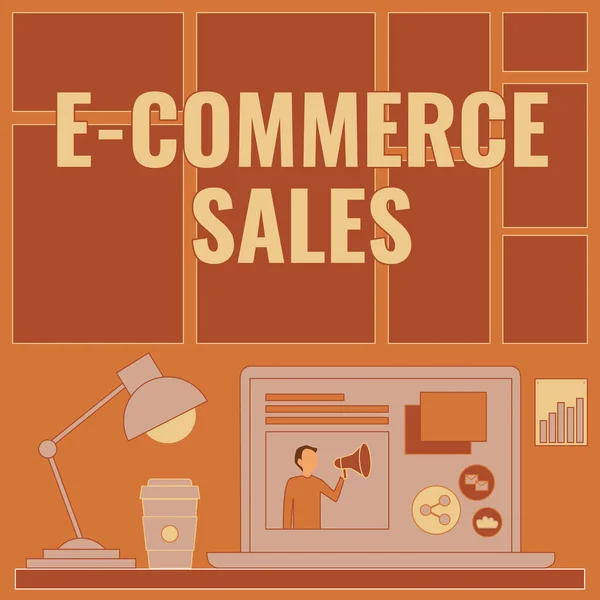 Fogalmi megjelenítés E Commerce Sales. Üzleti koncepciós tevékenység termékek online szervizelése Laptop On A Table Mellette Kávés bögre és asztali lámpa Munkafolyamat megjelenítése. — Stock Fotó