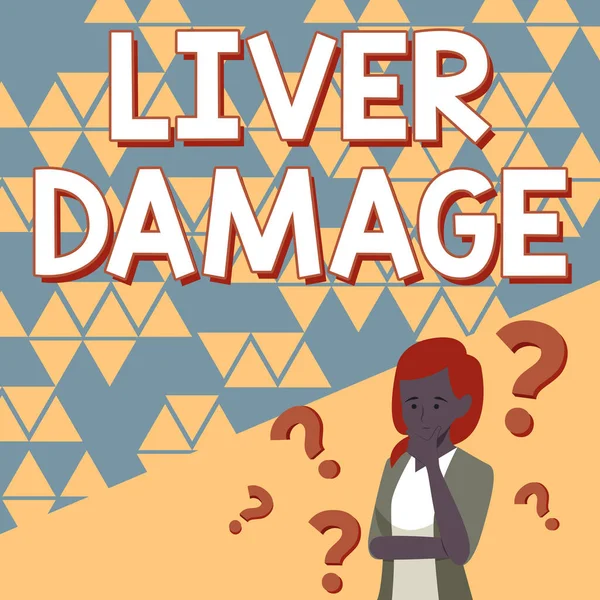 Writing displaying text Liver Damage. Business showcase damage to the liver and its function due to alcohol abuse Lady Drawing Brainstorming New Solutions Surrounded With Question Marks. — Stock Photo, Image