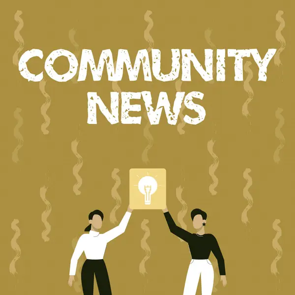 Conceptual caption Community News. Business approach news coverage that typically focuses on city neighborhoods Two Colleagues Holding Lamp Presenting New Achievement Reached. — Stock Photo, Image