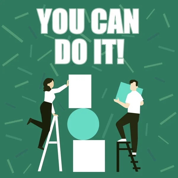 Szöveg megjelenítése You Can Do It. Üzleti megközelítés Meg tudod csinálni Pár rajz segítségével létra Helyezés nagy üres képkeretek a falra. — Stock Fotó