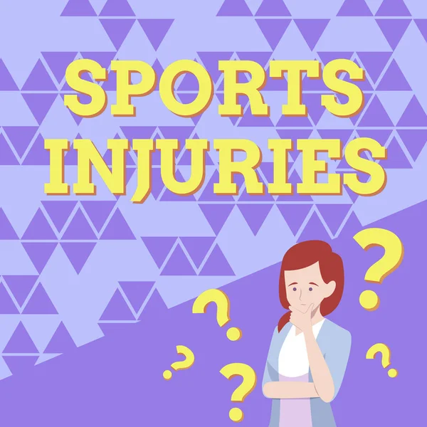 Sport sérülések kijelzése. Internet Concept típusú sérülések előfordulnak a sport vagy a testmozgás során Lady Drawing Brainstorming Új megoldások Kérdőjelekkel körülvéve. — Stock Fotó