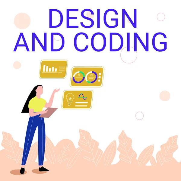 Text showing inspiration Design And Coding. Word for tool that can be used in design and planning process Illustration Of Girl Sharing Ideas For Skill Discussing Work Strategies. — Stock Photo, Image