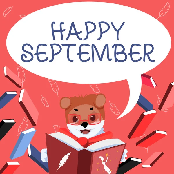 Text, der Inspiration zeigt Happy September. Konzeptfoto, das die Freude des neunten Monats des Jahres begrüßt: Fuchs mit Brille sitzt in der Bibliothek und liest ein Buch. — Stockfoto