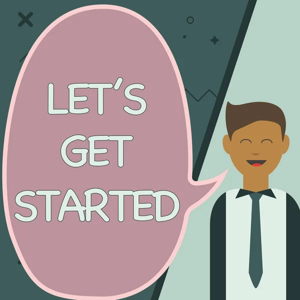 看板の表示Let's Get Start.インターネットの概念何かをするか、または作業を開始するには、ビジネスマンのイラストにそれをもたらす空のチャットクラウドにアイデアを提示. — ストック写真