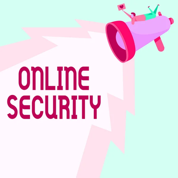 Text caption presenting Online Security. Business idea rules to protect against attacks over the Internet Man Drawing On Megaphone Producing Lighting Making Lovely Message. — Stock Photo, Image