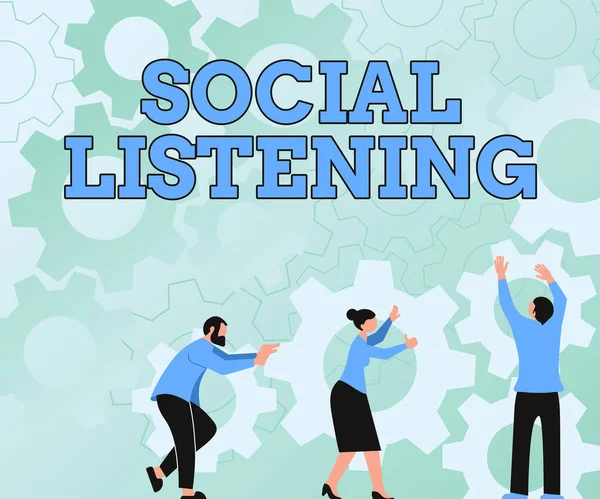 Fogalmi felirat Social Listening. Üzleti megközelítés elemezve a beszélgetések és trendek a termék Munkatársak cipelése fogaskerekek elrendezése Új munkafolyamat elérése csapatmunka. — Stock Fotó
