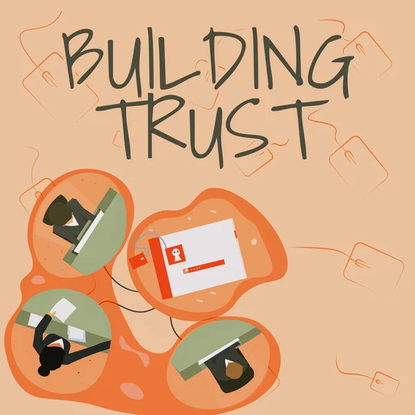 신뢰를 쌓는 것을 의미 한다. 효과적으로 일하는 것 과 업무를 수행하는 것 사이에 떠오르는 신뢰의 사업 아이디어새로운 프로젝트 계획을 보여 주는 사무실을 갖는 것 사이의 사업 아이디어. — 스톡 사진