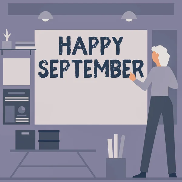 Text showing inspiration Happy September. Business overview welcoming the joy may bring of the ninth month of the year Businesswoman Casual Standing Presenting Charts And New Wonderful Ideas. — Stock Photo, Image