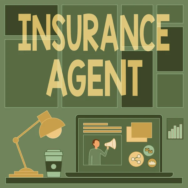 Hand writing sign Insurance Agent. Business approach person who works in an insurance company and sells insurance Laptop On A Table Beside Coffee Mug And Desk Lamp Showing Work Process. — Stock Photo, Image