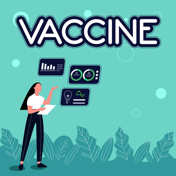 Konceptuell bildtext Vaccin. Affärsidé Vaccin Illustration av tjejdelning Idéer för skicklighet Diskutera arbetsstrategier. — Stockfoto