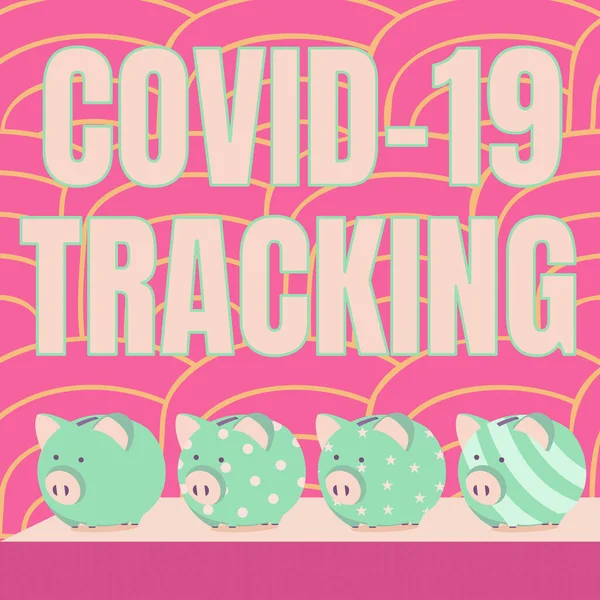 Inspiration som visar tecken Covid 19 Tracking. Internet Concept Utmärkande process för eventuella smittade individer Multiple Piggy Bank Ritning på bordet med randig bakgrund. — Stockfoto
