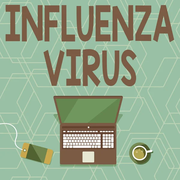 Influenza vírust mutató szöveges jel. Üzleti megközelítés egy influenzavírus által okozott fertőző betegség Laptop pihentetés egy asztalon mellett kávé bögre és növény mutatja munkafolyamat. — Stock Fotó