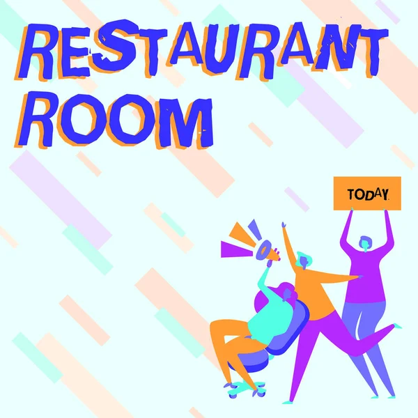 Tekst met inspiratie Restaurant Room. Concept betekent tonen betalen om te zitten en eten maaltijden die worden gekookt en geserveerd Vrouw Tekenen Zittend Holding Megaphone maken aankondiging. — Stockfoto