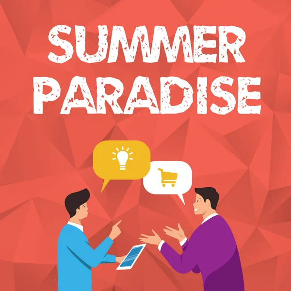 Inspiracja ukazująca znak Summer Paradise. Pomysł na biznes Spędzanie wakacji w idealnym lub idyllicznym miejscu lub stanie Dwóch kolegów stojących dzieląc myśli razem z bańkami do mówienia — Zdjęcie stockowe