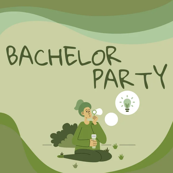 Inspiration showing sign Bachelor Party. Business concept Party given for a man who is about to get married Stag night Lady Sitting In Park Blowing Balloons Thinking Of New Thoughts With Idea Lamp. — Stock Photo, Image