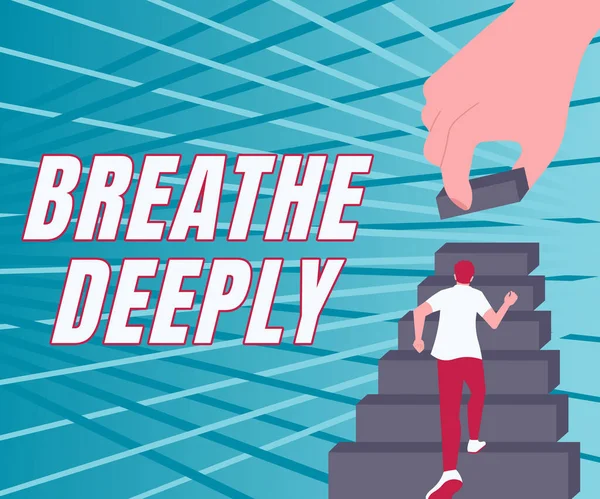 Bildunterschrift: Atmen Sie tief durch. Geschäftsübersicht, um einen tiefen Atemzug in die Lungen zu nehmen Um innezuhalten Gentleman Climbing Stair Case Versuche, Ziele zu erreichen, die den Fortschritt definieren. — Stockfoto