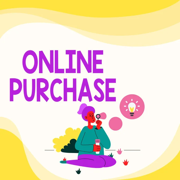 Bildunterschrift: Online-Einkauf. Konzept: Kauft Waren aus dem elektronischen Handel über das Internet Lady Sitting In Park Blasen Luftballons denken über neue Gedanken mit Ideenlampe. — Stockfoto