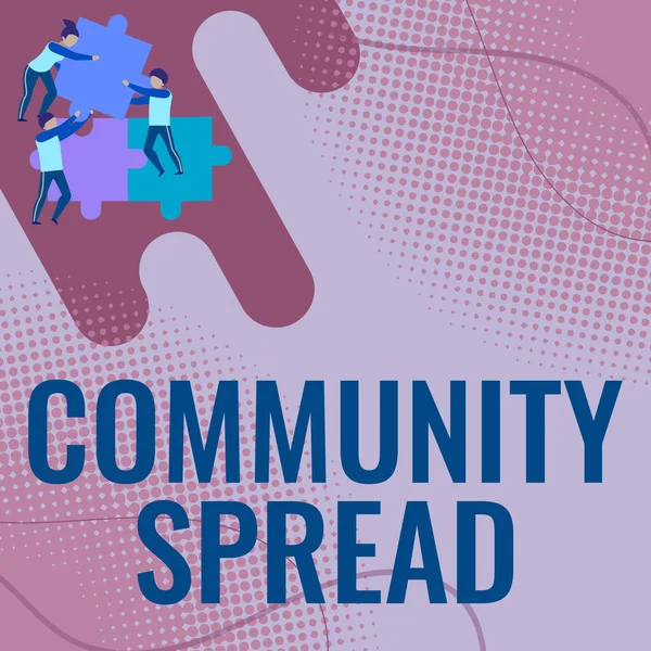 Schrijven weergeven van tekst Community Spread. Business showcase verspreiding van een zeer besmettelijke ziekte binnen het lokale gebied Team Holding Jigsaw Pieces Helpen elkaar om het probleem op te lossen. — Stockfoto