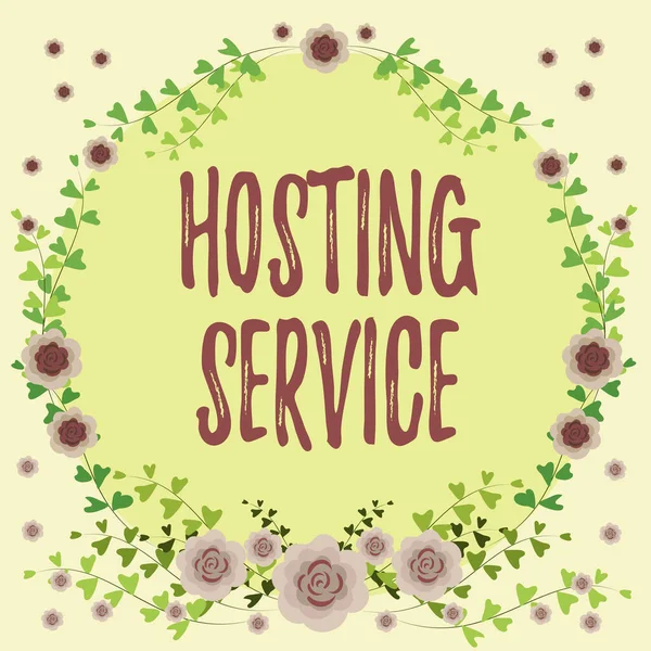 Inspiración mostrando signo Hosting Service. El enfoque empresarial proporciona servicios para que el sitio web se vea en el marco de Internet decorado con flores de colores y follaje arreglado armoniosamente. — Foto de Stock