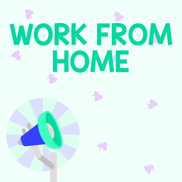 Text showing inspiration Work From Home. Business showcase Work From Home Illustration Of Pole Megaphone With Sun Raises Making Announcements. — Stock Photo, Image