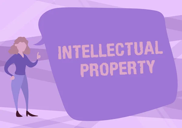 Text sign showing Intellectual Property. Word Written on Protect from Unauthorized use Patented work or Idea Illustration Of Woman Speaking In Chat Cloud Discussing Ideas.