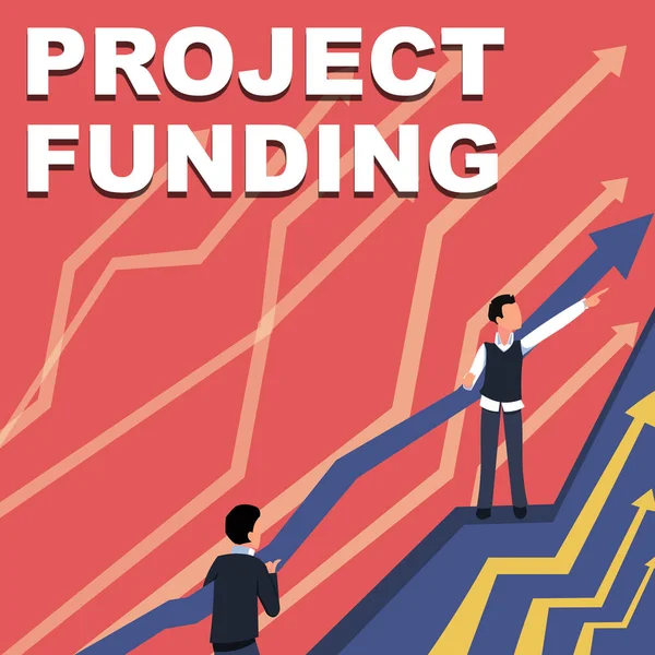 Handskrift tecken Projekt Finansiering. Internet Concept betala för start för att göra det större och framgångsrika pilar vägleda två samarbetande affärsmän mot bättre finansieringsplan. — Stockfoto