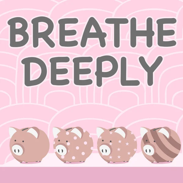 Tekst ukazujący inspirację Oddychaj głęboko. Przegląd biznesu, aby wziąć duży oddech powietrza do płuc, aby wstrzymać wiele świnka Bank rysowania na stole w paski tle. — Zdjęcie stockowe