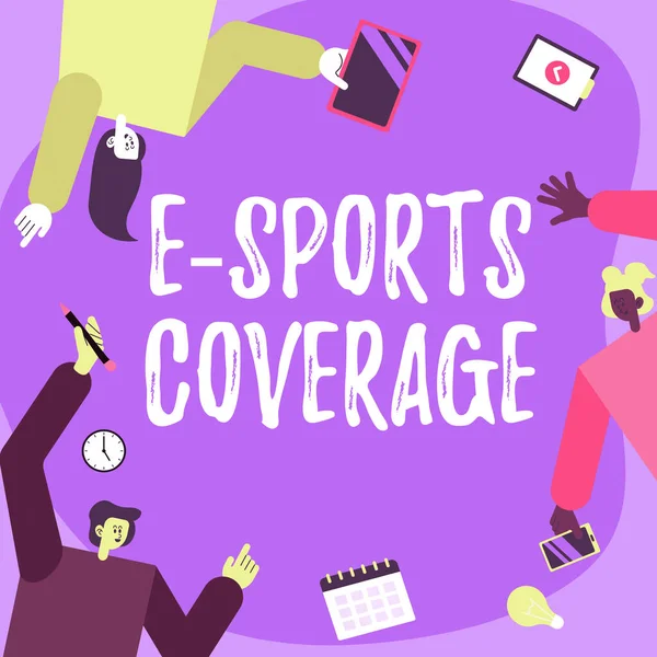 Text showing inspiration E Sports Coverage. Business approach Reporting live on latest sports competition Broadcasting Colleagues Carrying S Decorating Mobile Application Defining Teamwork. — Stock Photo, Image