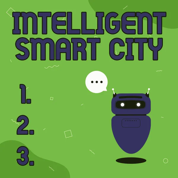 Podpis tekstowy przedstawiający Inteligentne Inteligentne Miasto. Podejście biznesowe Miasto, które ma inteligentniejszą infrastrukturę energetyczną Ilustracja Cute Floating Robot Telling Information In A Chat Cloud. — Zdjęcie stockowe