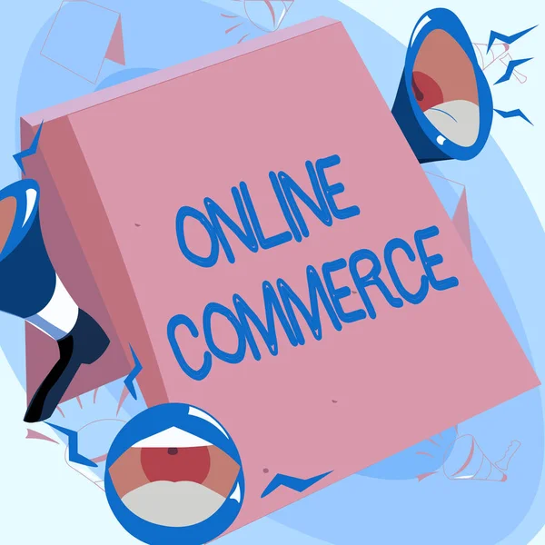 Tekst met inspiratie Online Commerce. Business idee activiteit van het kopen of verkopen van producten op online diensten Lips Megaphones Luid maken van nieuwe aankondiging aan het publiek. — Stockfoto