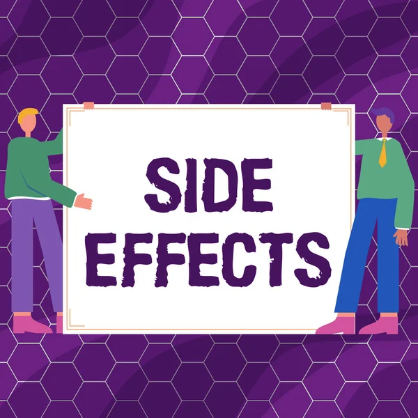Inspiration showing sign Side Effects. Business approach An unintended negative reaction to a medicine and treatment Two Men Drawing With Empty Paper Background Presenting New Ideas.