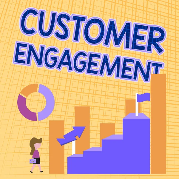 Text caption presenting Customer Engagement. Business concept the emotional connection between a customer and a brand Business Woman Walking Towards Large Graph Showing Performance