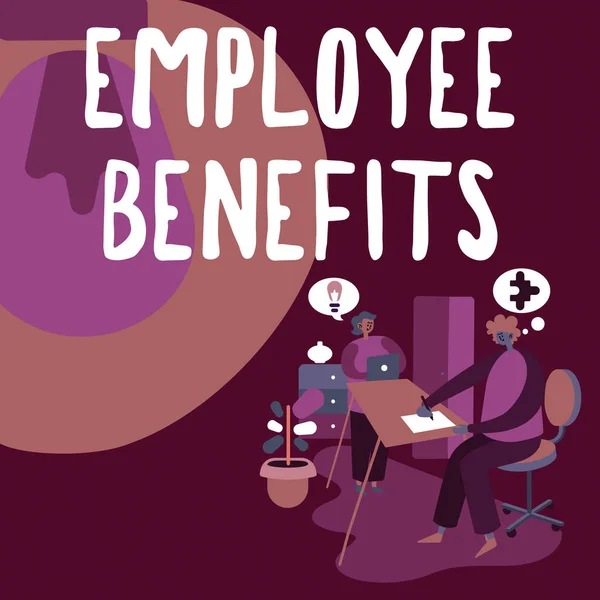 显示雇员福利的文字标志。概念指的是向员工伙伴支付的非现金和非现金补偿，用于分享技能改进工作战略的新想法. — 图库照片
