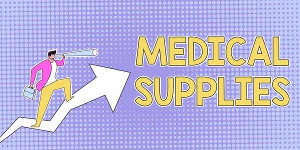 Text sign showing Medical Supplies. Conceptual photo Items necessary for treatment of illness or injury Man Drawing Holding Graph Arrow Showing Business Growth. — Stock Photo, Image