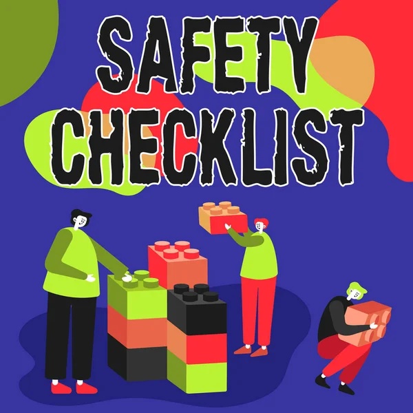 Text sign showing Safety Checklist. Conceptual photo list of items you need to verify, check or inspect Colleagues Displaying Cube Representing Teamwork Discussing Future Project.