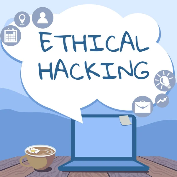 倫理的ハッキングを示すテキストキャプション。コーヒーマグカップの横にノートパソコンに入力し、自宅から働く植物の弱点や脆弱性を見つけるインターネットの概念の行為. — ストック写真