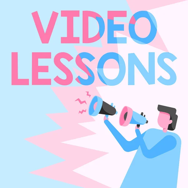 Text showing inspiration Video Lessons. Business concept Video Lessons Businessman Drawing Holding A Pair Of Megaphones Making New Announcement.