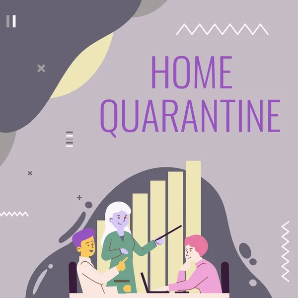 Handschriftliches Zeichen Home Quarantine. Konzept bedeutet Begegnung mit einer möglichen Aussetzung aus der Öffentlichkeit zur Beobachtung Lady Zeichnen Erläuterung ihrer Teamkollegen Prozessschritte. — Stockfoto