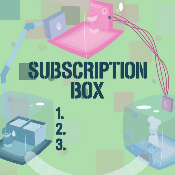 Text showing inspiration Subscription Box. Business concept button if you clicked on will get news or videos about site Joined Booths Providing Necessary Workplace Resources.