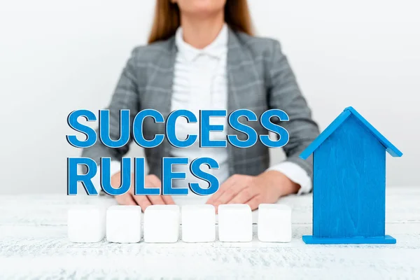 Teksten weergeven Succesvolle regels. Zakelijk overzicht in staat om alle doelen die u voor uzelf hebt vastgesteld te bereiken Een jonge dame Orzakenvrouw Holding Orpresentatie Home In Zakelijk Outfit — Stockfoto