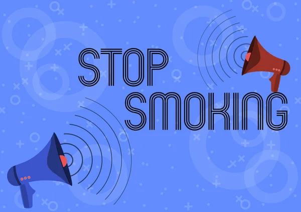 概念标题：戒烟。Word for the process of discontinuing or quitting tobacco smoking Pair Of Megaphones Drawing Producing Sound Waves Making Announcement. — 图库照片