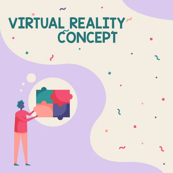 Assinar exibindo conceito de realidade virtual. Palavra Escrita em Realidade Virtual Concept Man Drawing Standing Fitting Four Jigsaw Puzzle Pieces. — Fotografia de Stock