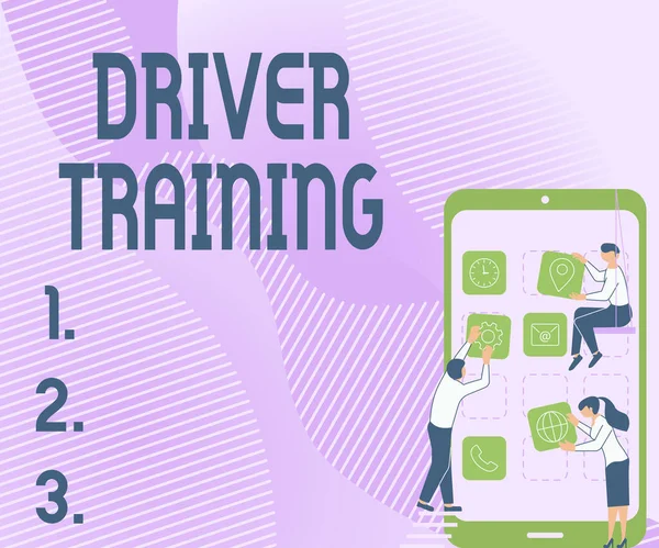 Podepsat zobrazování školení řidičů. Internet Concept připravuje nový ovladač pro získání řidičského průkazu Tři kolegové nesoucí S zdobení mobilní aplikace. — Stock fotografie