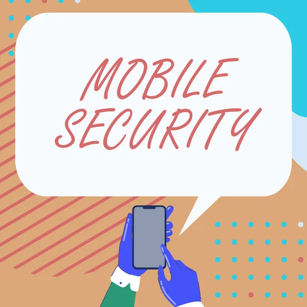 Teken met Mobile Security. Business showcase Bescherming van mobiele telefoon tegen bedreigingen en kwetsbaarheden Mobiel Tekenen Delen Positieve opmerkingen en goede spraakbel — Stockfoto