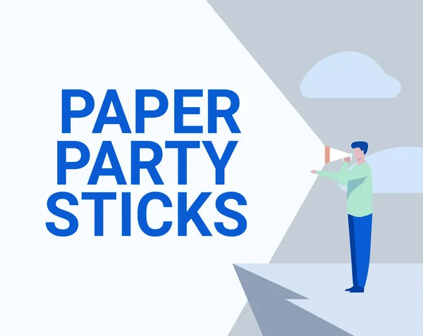 Conceptuele weergave Paper Party Sticks. Zakelijk overzicht gekleurde vormen van hard papier gebruikt maken emoji 's Zakenman Tekenen Staande In Cliff Met behulp van Megaphone Making Aankondiging. — Stockfoto