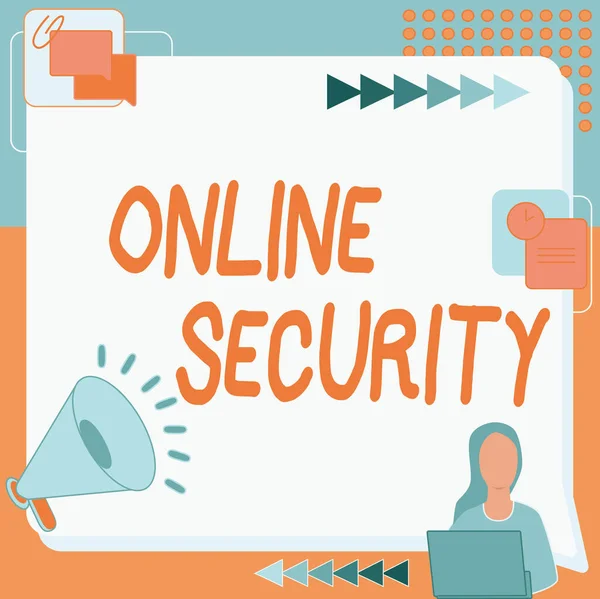 Writing displaying text Online Security. Business idea rules to protect against attacks over the Internet Woman Drawing Sitting Working Next To Megaphone Making New Announcement — Stock Photo, Image