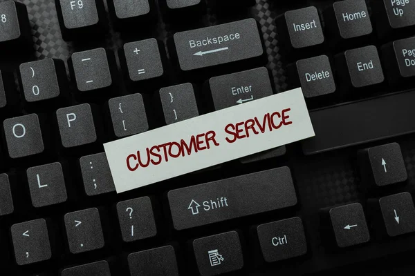Conceptual caption Customer Service. Business idea direct interaction with the consumers offering support Entering New Programming Codes, Typing Emotional Short Stories — Stock Photo, Image