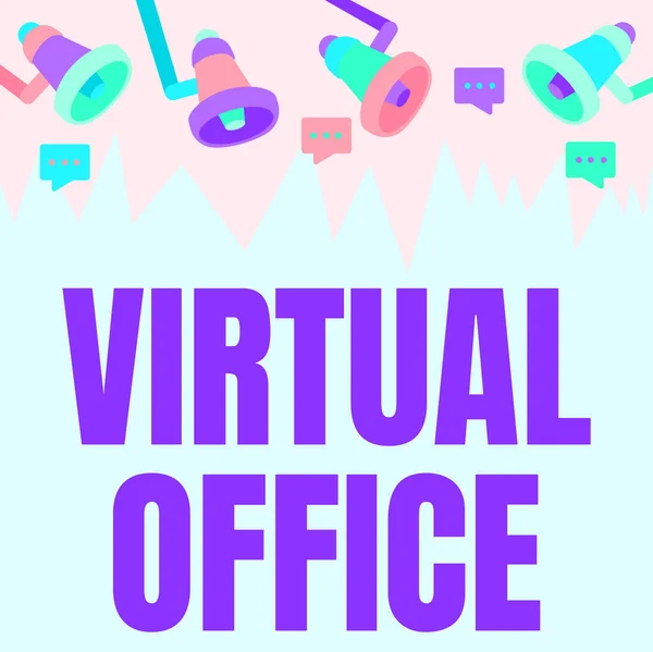 Assinar exibindo o escritório virtual. Foto conceitual Virtual Office Monitor Desenho Com Megafone Produzindo Iluminação Para Mensagem . — Fotografia de Stock