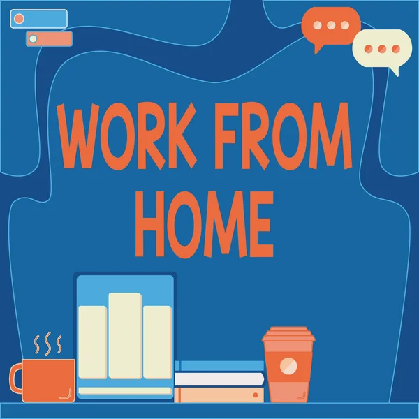 Sign displaying Work From Home. Conceptual photo Work From Home Office Desk With Tablet Pen Holder Open Blank Notebook Arranged Properly. — Stock Photo, Image