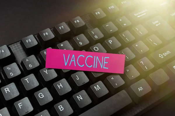 Légende textuelle présentant Vaccin. Mot écrit sur la préparation de micro-organismes tués ou d'organismes vivants atténués Résumé Collecte d'indices d'enquête en ligne, présentation d'idées sur Internet — Photo